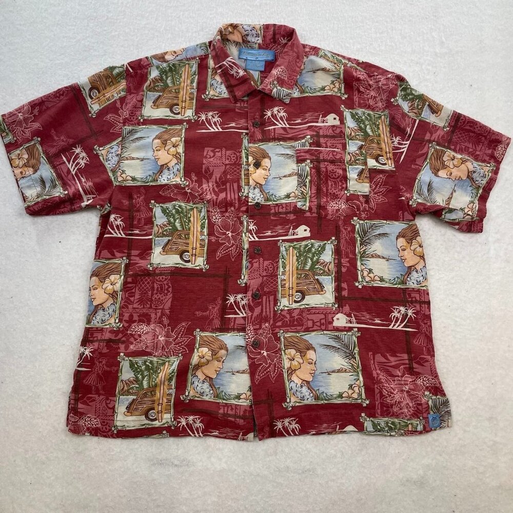 Bermuda Bay Men's Silk Hawaiian Red Classic Car Surf Island Girl Print Shirt XL